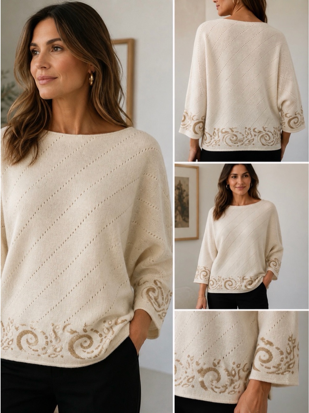 Vintage Jeanne Pierre Renee Tener Lambswool Angora Sweater M Ivory Gold